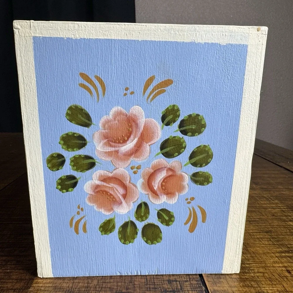 Vintage Hand Painted Tole Wooden Tissue Box Cover Cottage Core Shabby Chic Roses